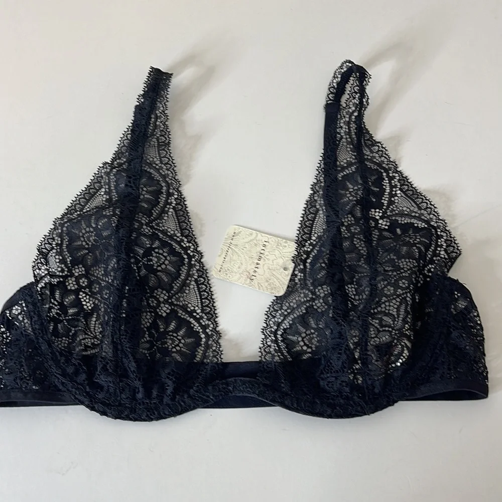 Free People Hyper Plunge Underwire Bra Black Lace Small